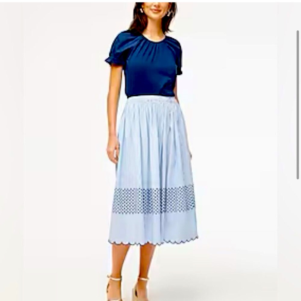 J. Crew Factory Banker Stripe Blue Embroidered midi skirt
